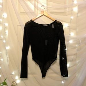 PLT mesh crewneck long sleeve thong bodysuit